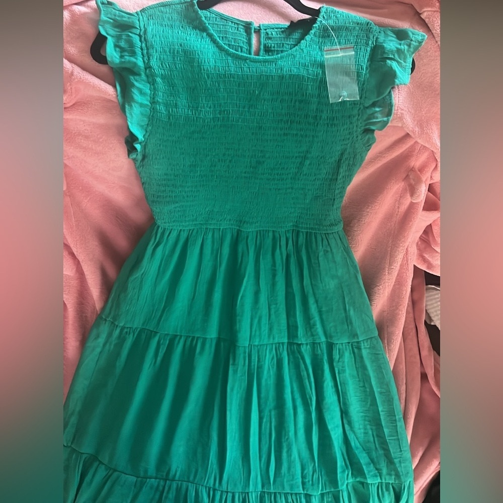 By The River Tiered Midi Dress Green Flutter Sleeve NWOT